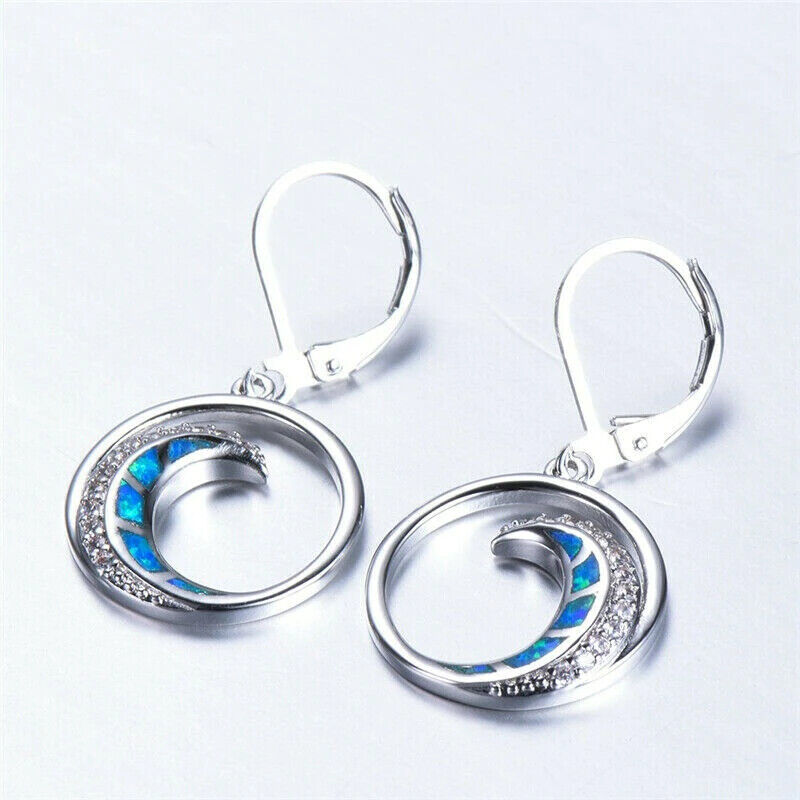 Silver Plated Blue Simulated Opal Moon Dangle Hoop Stud Earrings