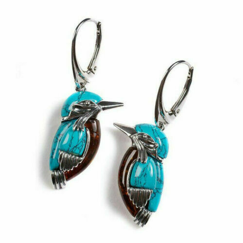 Bird Hoop Dangle Drop Earrings Women Turquoise Silver Plated